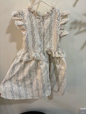 Little Girls Cream Floral Ruffle Dress with Blue Print